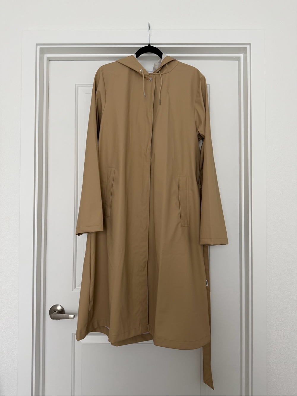 Rains Hooded Long Trench Coat in Camel